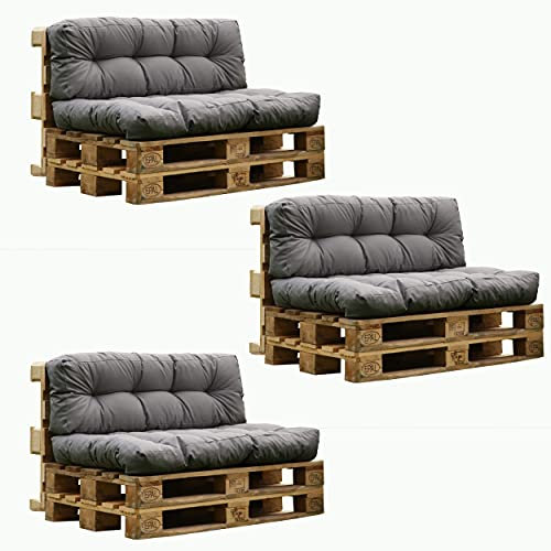 6er Set Palettensitzkissen grau 120x80 cm und 120x40 cm mit Rückenkissen Outdoor Indoor Palettenauflage Polster gesteppt wasserabweisend