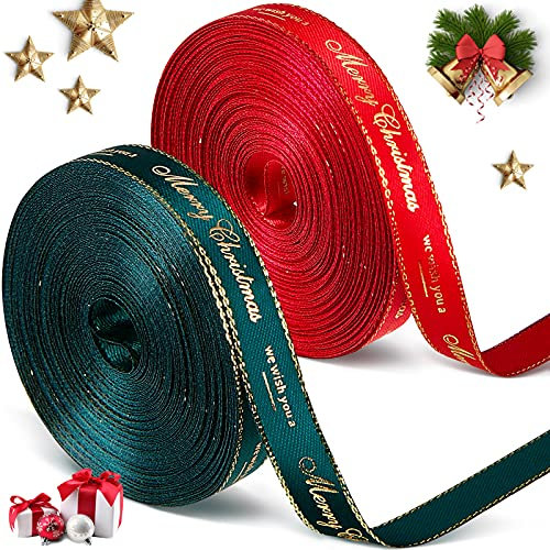 2 Rouleaux Ruban de Noël pour Emballage de Cadeau, 10 mm x 9 Mètres Chacun, Gros-Grain en Satin pour Fête DIY Artisanat (Vert, Rouge, Style Classique)