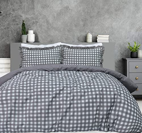 Sleepdown Bettwäsche-Set mit Rüschenkanten, weich, pflegeleicht, 260 x 220 cm, Gingham-Karo, Grau, Super King, 5056242891581