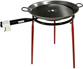 FERRETERIA LEPANTO Kit Paellero, Quemador a Gas butano, paellera acero pulido, regulador de Gas + 1,5 metros de Manguera, soporte de 3 Patas reforzadas (55)