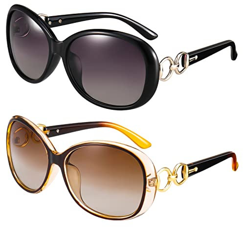 FANTESI 2 Pairs Womens Oversized Sunglasses Ladies Polarised Retro Sun Glasses Big Frame UV Protection Sunglasses Eyewear