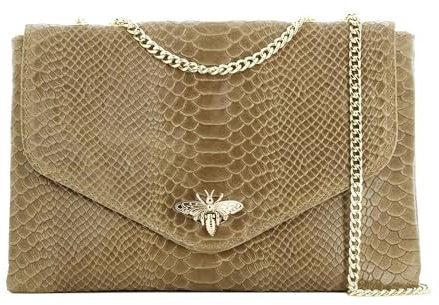 Double Tree - Sac A Main Bandoulière Chaîne En Cuir Véritable Motif Serpent - Sacoche Relief Abeille Doré - Pochette Enveloppe Fantasie Soirée Cérémonie - Mode Designé - Taupe
