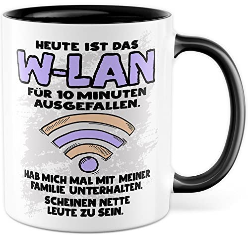 Tasse Wlan Geschenk, Heute ist das Wlan für 10 Min ausgefallen Geschenkidee Gamer Kaffee-Becher Kaffeetasse Tasse mit Spruch lustig Humor Witztasse Gaming Internet Handy (Weiß/Schwarz)