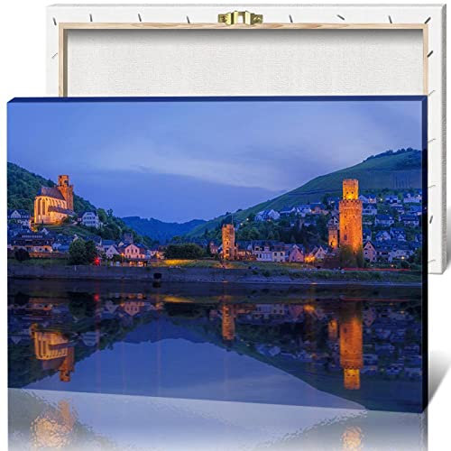 Rhein River Landschaft Wand Kunst Drucke Kunstwerk Sonnenuntergang Haus Gemälde Bilder Druck auf Leinwand für Wohnzimmer Büro Dekorationen, 20 * 30cm, gerahmt