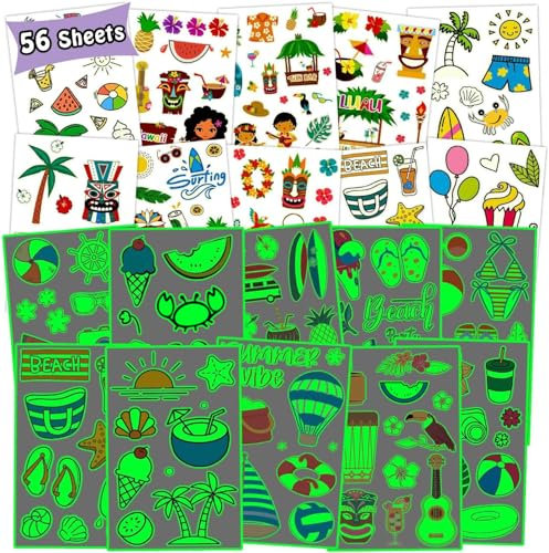 Leesgel Hawaii Deko Kinder, 56 Blätter Leucht Hawaiian Tattoo Kinder Aufkleber für Pool Luau Beach Tropische Geburtstagsgeschenke, Hawaii Mitgebsel Kindergeburtstag Deko Geschenke für Mädchen Jungen