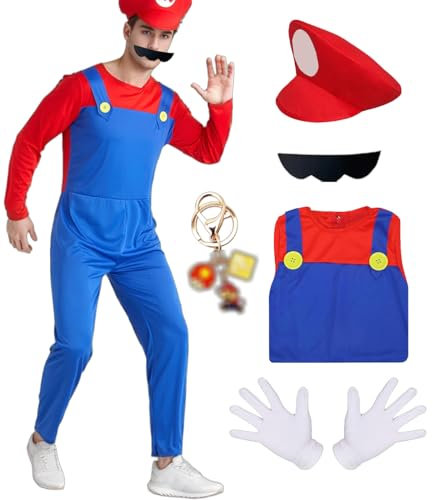 JMOCD Costume Super Plumber Bros, Déguisement Mario Enfants Adultes Luigi Costume Cosplay avec Bonnet Pantalon Barbe Gants Porte Clef pour Carnaval Halloween Enfants
