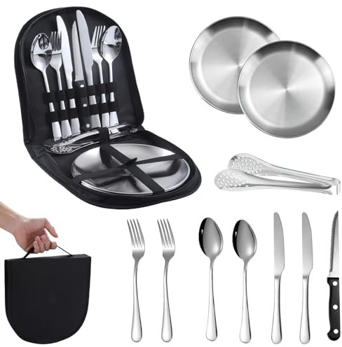 shallyong Vaisselle Camping, 10 Pcs Couverts Pique Nique, Vaisselle Camping Car Portable en Acier Inoxydable, Set Couverts de Camping 2 Personnes Convient pour Les Voyages, Camping, Randonnée