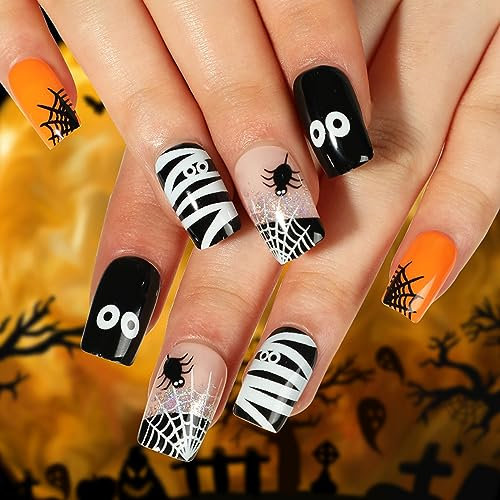 Yatinkim 24pcs Short Square Press on Nails Halloween Cute Fake Nails Black White Spider Web Cartoon Print Glossy Stick on Nails for Women DIY Manicure