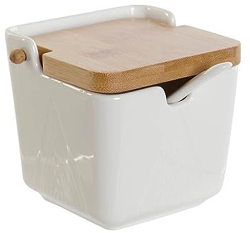 PLUS HOME Azucarero Cocina, Ceramica con Tapa Madera Diseño Modernos. (Blanco-1)