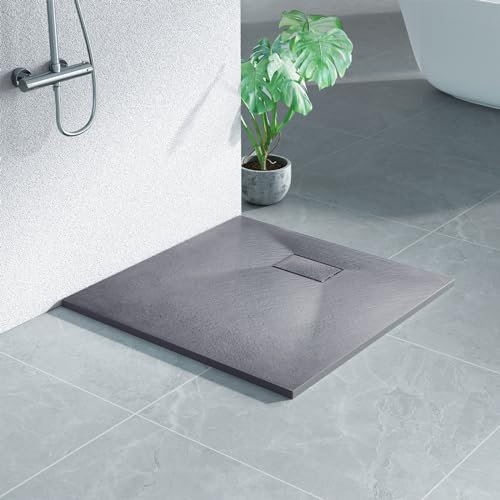 Heilmetz Duschwanne 80x80cm Flach Duschtasse Höhe 2.6 cm Brausewanne Steinoptik Antirutsch SMC Duschtasse, Ø 90mm Ablauföffnung -Grau (ohne Siphon)