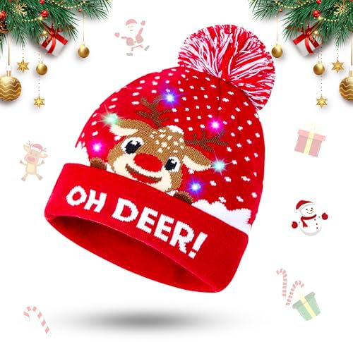 Booaee LED Weihnachtsmütze Kinder,Mütze mit LED Licht Weihnachtsmann Mütze Beleuchtete Nikolausmütze Erwachsene Kindermütze mit Licht Christmas Hat Dehnbare Strickmütze für Unisex Erwachsene Kinder