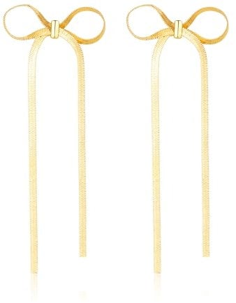 Halora Gold Bow Earrings for Women Girls, Drop Dangling Bow Ribbon Earings Jewelry (Bow Tassel-Gold)