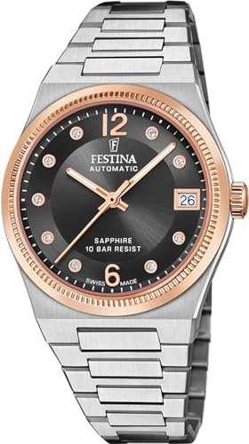 Festina Swiss Made Uhr Automatik Damen aus Edelstahl 316l Silberfarben | Widerstandsfähiges Saphirglas, Wasserdicht 10 ATM, Kalender F20031/3, Automatic