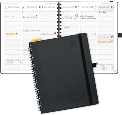 POPRUN Kalender 2025 Wochenplaner (Aug.2024-Dez.2025) Ringbuch mit Softcover, ca. A4 (26,5 x 21,5 cm), 17-Monate-Terminplaner 2025 1 Woche 2 Seite mit Zertifiziertem Papier - Schwarz
