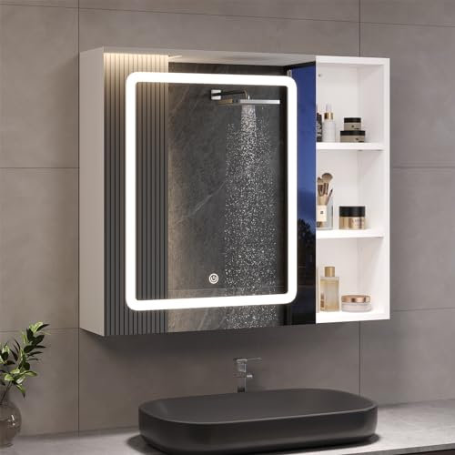 DICTAC Armario con espejo para baño con iluminación LED, 70 x 16 x 60 cm, puerta individual para baño, armario con espejo y estante ajustable y espacio de almacenamiento abierto, armario de baño con
