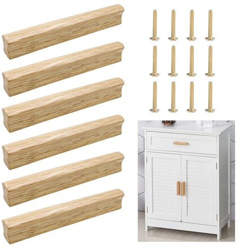 ZHIQIN 6 Stück Möbelgriffe Holz Schrankgriffe Holz mit Schrauben Moderne Einfacher Holzgriffe Küchenschränke Lochabstand 128 mm für Schubladen Schrank Bäder Büros Möbel Dekoration