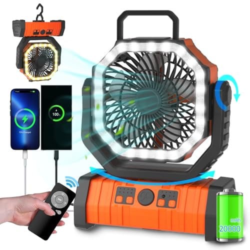 ADUST Camping Fan - 20000mAh Battery Powered Fan Battery Operated Rechargeable Portable Outdoor Tent Fans with Hanging Hook, Cordless, 4 Speeds, Remote Control - Orange