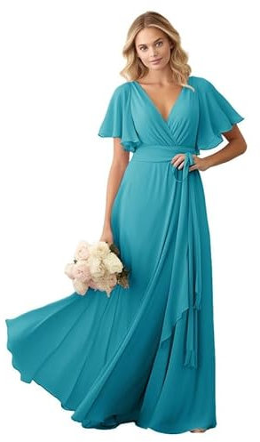 JIIL Damen Brautjungfer Kleid Lang - Chiffon Kurzarm Ballkleid Elegant für Hochzeit Gast Jade 44
