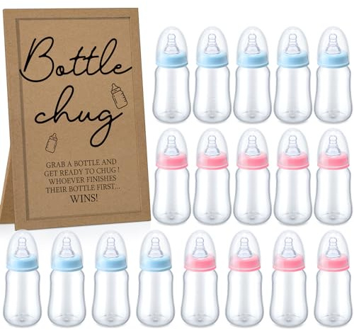 Roowest Bottle Chug Baby Shower Games Favors Including 18 Pcs Bottles with 1 Bottle Chug Wooden Sign for Gender Reveal Baby Shower Party Supplies(Pink, Blau, Kraft)