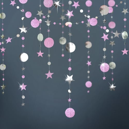 52Ft Hängenden Papier Girlande Glitzer Rosa Silber,Rund und Stern Papier Deko for Party(4M x 4)
