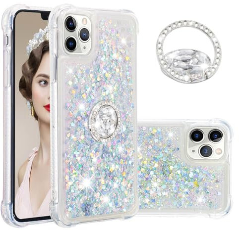 IMEIKONST iPhone 11 Pro Max Glitter Case with Diamonds Ring Kickstand, Liquid Sparkle Sequin Transparent for Girls Women Silicone TPU Bumper Shockproof Cover for iPhone 11 Pro Max. Love Silver YBZ