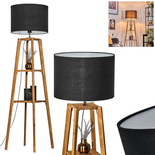 Lampadaire Bassagoda, lampadaire en bois/tissu naturel/noir/blanc, lampe au design scandinave avec abat-jour rond (Ø 40 cm), tablettes et interrupteur au pied, hauteur 151 cm, 1x E27, sans ampoule