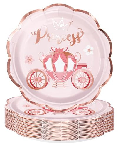 RUSPEPA Paquete de 25 Platos de Papel Princesa - Platos Desechables de Carruaje de Princesa Rosa de 7 Pulgadas Platos Decorativos para Vajilla de Fiesta Decoración de Mesa - 18x18cm