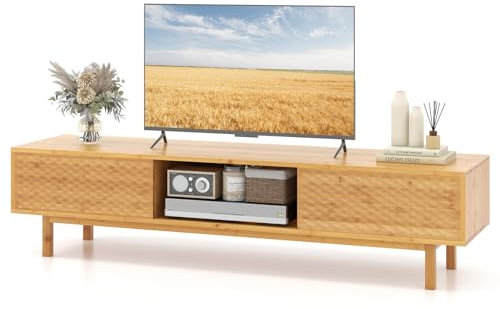 COSTWAY Mueble TV, Mueble para TV de Bambú hasta 70 Pulgadas, con 3 Compartimentos de Almacenamiento y 2 Puertas Correderas, Mesa Consola para TV para Sala de Estar, Natural, 160 x 40 x 38 cm