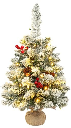 AGM Piccolo albero di Natale da 60 cm, con luci, innevato, mini albero di Natale da tavolo, 60 cm, decorazione per interni ed esterni