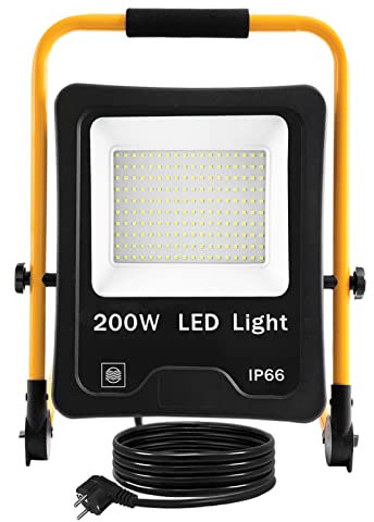FIVMEN Baustrahler 200W 16000LM LED Strahler Arbeitsleuchte mit Standgestell und 3m Kabel Stecker Baulampe Arbeitsscheinwerfer Wasserdicht IP66 für Garage Werkstatt Baustelle, Warmweiß