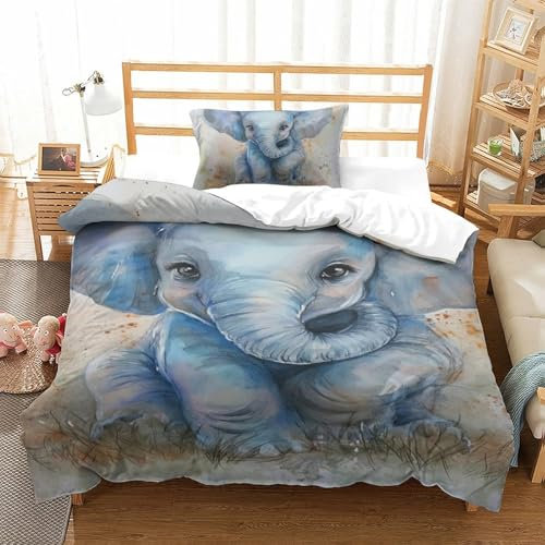 NNAWFJXG Elefants 3D Gedruckt Bettwäsche Set 2 Teilig Bettbezug Set Mit Kissenbezügen Soft Microfaser Luxus Modern Mit Reißverschluss Für Erwachsene Und Kinder Single（135x200cm）