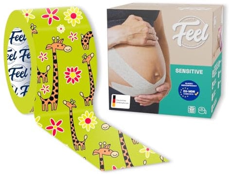 FEEL Premium Kinesiologisches Tape SENSITIVE (5cm x 5m) Maximal hautfreundlicher Klebstoff hält bis zu 5 Tage auf der Haut Physiotape wasserfestes & 180% elastisches Sporttape (Giraffe)