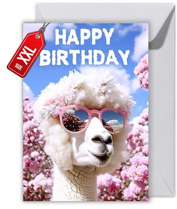 WBdesignz Geburtstag Karte mit Umschlag - Lustige Geburtstagskarte “Birthday Alpaka” Bunte Glückwunschkarte Charmante Geschenkkarte zum Geburtstag Happy Birthday Kart (XXL DIN A4)