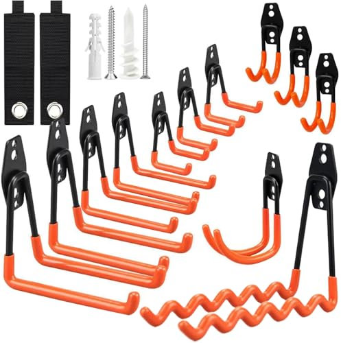 12 Piezas Ganchos Para Colgar Doblede Resistentes, Colgador Pared Bicicleta con 2 Bridas Cables, 24 Tornillo, Gancho Pesados Garaje para Bicicletas, Artículos Granel, Herramientas, Escaleras(Naranja)