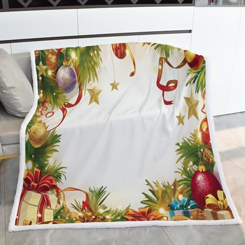 GSAEIMCT Sherpa-Decke mit Weihnachtskugeln,Weihnachtskranz,Fleece-Überwurfdecke,Flauschige Decke für Schlafsofa,Couch,130x150 cm
