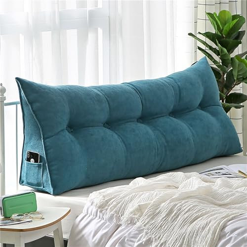 Dreieckiges Rückenkissen für Bett und Couch, Lesestützkissen mit Kopfteil-Design, Wandkissen für Bett, Sofa, Rückenlehne, Buchkissen, bequem und stilvoll, Blau, 80 x 50 x 20 cm