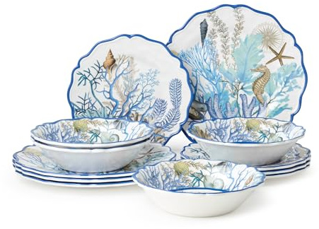 Blue Lagoon Melamine 12-Piece Dinnerware Set – Coastal Coral and Shell Design, Service for 4 – 11 Dinner Plates, 9 Salad Plates, and 28oz Bowls – Durable, Lightweight, BPA-Free, Dishwasher SafE