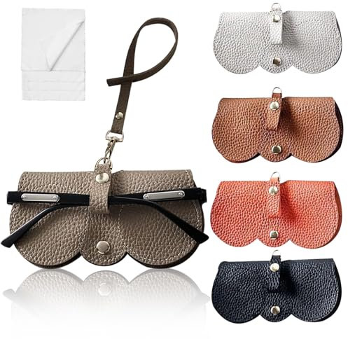 KASESSS 5 Stück Brillenetui Weich, Mode Brillenetui Leder, Brillenetui Damen Herren, Sonnenbrillen Etui Tragbares, Brillentasche Unisex, Sonnenbrillen Tasche Aus Weichem Leder mit Umhängeband