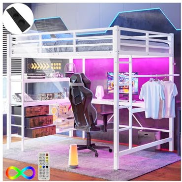 Letto a soppalco 140 x 200 con luce ambientale telecomando e USB, letto a soppalco con 3 cassetti e ripiani, letto per ragazzi con scale e ringhiere, bianco (senza materasso)