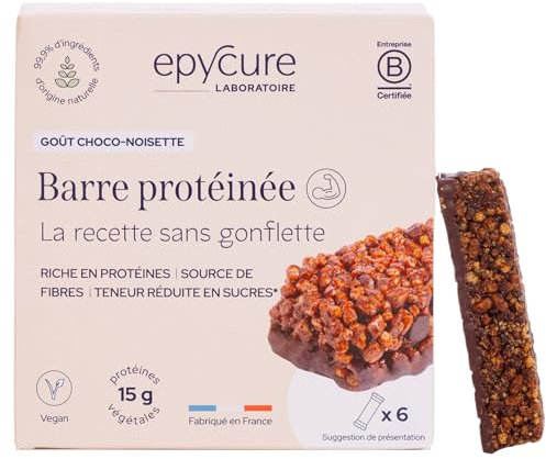 EPYCURE - Barre Protéinée Végétale Choco-Noisette - 15g de Protéines, Faible en Sucres, Riche en Fibres - 99,9% Naturelle - Thé Vert & Soja - Vegan - 6 Barres - Fabriquée en France