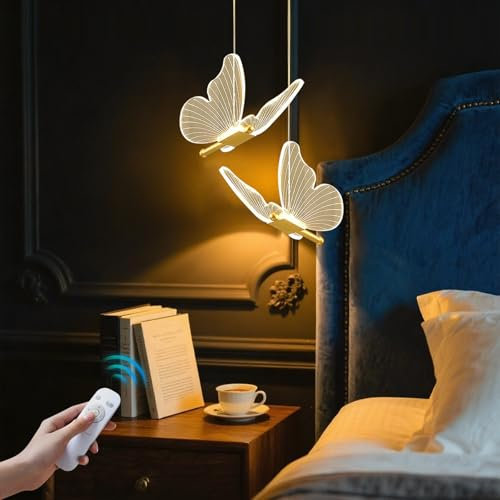 HMAKGG Hängelampe Schlafzimmer, Pendelleuchte Gold, 12W LED Pendelleuchte kinderzimmer mit Schmetterling Deko, Dimmbare mit Fernbedienung & App-Steuerung, Höhenverstellbar 1,8m, 20x18cm