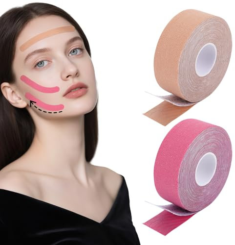 2 Rollen Face Lifting Tape, Gesichtstape Mouthtape Gesicht Lifting Tapes Gesicht Face Tape gegen Falte Zornesfalte Pflaster Faltentape Straffung High Elastic Kinesiologie-Tape Anti Falten 2 Farben