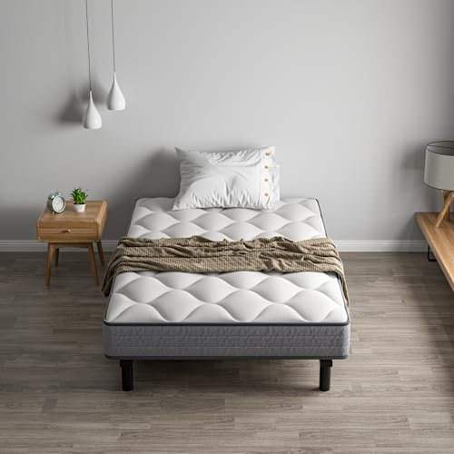 DEWINNER Ensemble Matelas et Sommier 90x190cm, Matelas à Ressorts ensachés et Robuste Cadre de lit en Fer avec 6 Pieds, Lit Complet, épaisseur 18cm,Haute densité, Maintien Parfait