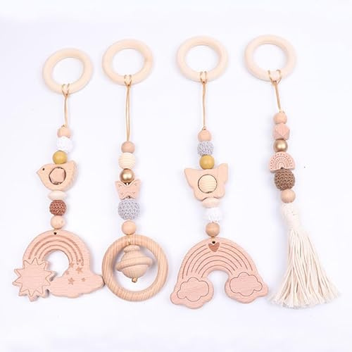 Xiyocadt 4 Stück Spielbogen Baby Spielzeug ab 0 Monate, Holz Spielbogen,Babyschale Anhänger Holz,für Autositze, Kinderwagen und Autositzspielzeug (30cm)