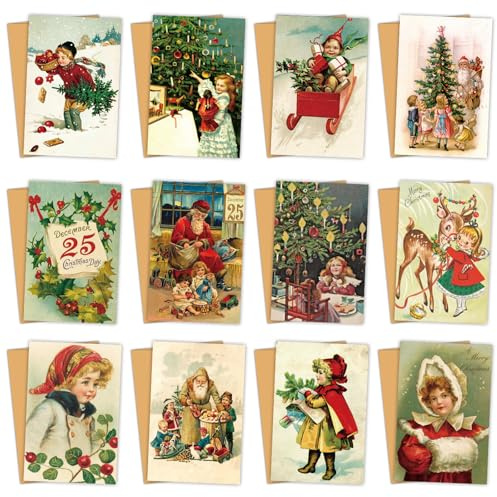 GmwyCzV 12 Weihnachtskarten mit Umschlag Set, Weihnachtskarten, Vintage Klappkarten Karten mit Umschlägen Magie der Weihnacht Karte Umschlag Weihnachtskarte Weihnachtsmann Kinder Schnee Wald