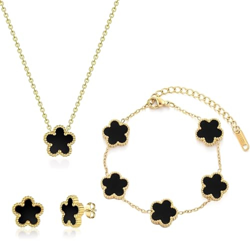 Bcenoilua Vierblättriges Kleeblatt Schmuckset für Damen und Mädchen 18 Karat Vergoldet Edelstahl Zweiseitig Vierblättriges Anhänger Halskette Ohrstecker Armband Schmuck Glücksklee Geschenke