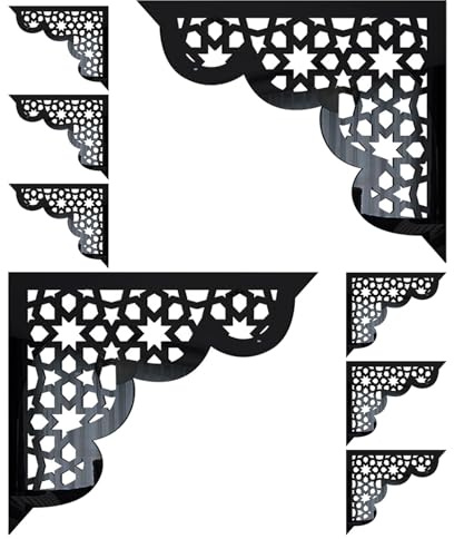 Mikikit Lot de 8 Appliques Murales Autocollantes en Acrylique Noir Stickers D’Angle Miroir pour Portes et Placards Décor Vintage Repositionnable Cuisine et Salon Bordures Décoratives
