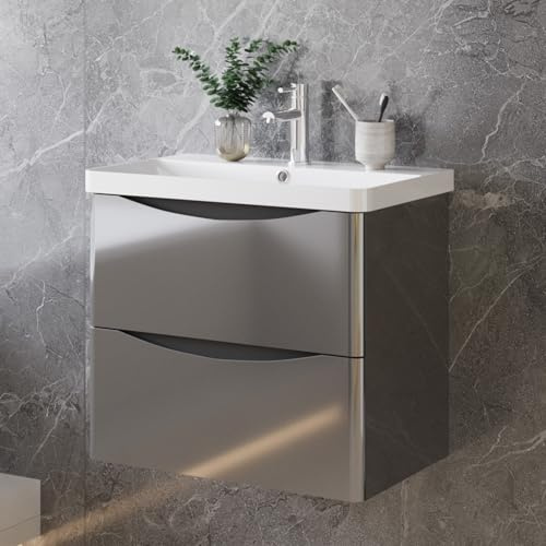 Aica Sanitär Badmöbel Set 60 cm Sofia Waschbecken mit Unterschrank Dunklegrau Hochglanz Waschtisch mit Schrank