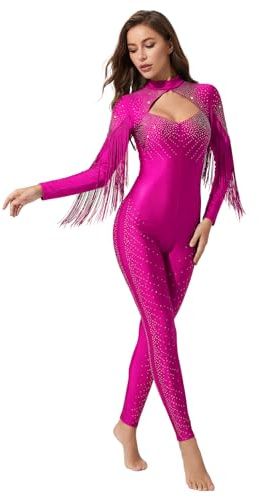MSemis Body Danza Classica Ginnastica Ritmica Donna Tuta Intera da Pattinaggio Artistico con Nappe Strass Jumpsuit Sportiva da Allenamento Manica Lunga Tutina Dancewear