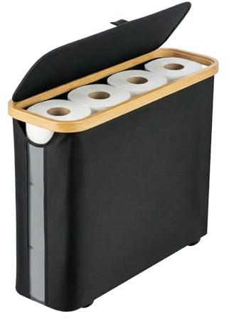 SUNNYNEST 30L Toilet Paper Storage Basket with Lid, Slim Toilet Roll Holder with Bamboo Frame, Foldable Bathroom Storage Bin for 9–12 Rolls, Space-Saving Organizer for Small Bathrooms (Black A)